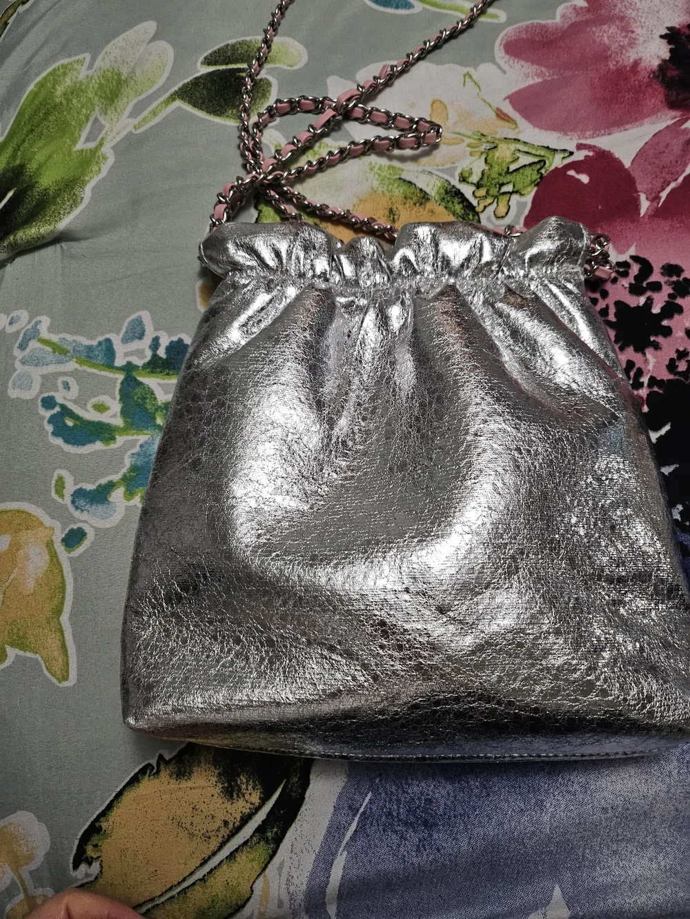 Jane & York Silver Metallic Crystal-Embellished Crossbody with Pink Trim